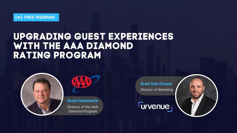 Promotional image for the webinar titled 'Upgrading Guest Experiences with the AAA Diamond Rating Program,' featuring Scott Hammerle (Director of the AAA Diamond Program) and Brad Van Orsow (Director of Marketing at UrVenue). The image includes their headshots, logos of AAA and UrVenue, and the label 'Free Webinar' on a dark cityscape background.