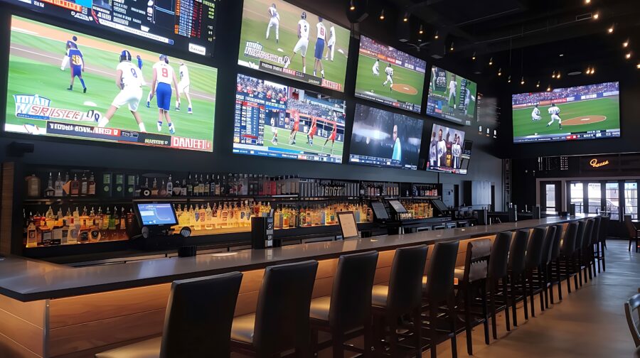 Modern sports bar with large high-definition screens displaying live games, a sleek bar setup, and premium seating designed for an immersive Super Bowl viewing experience.