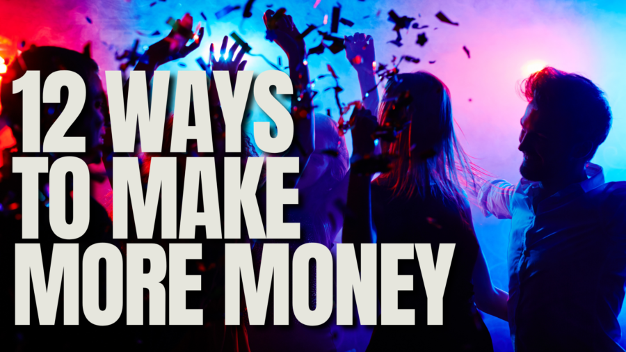 A vibrant nightclub scene with people dancing under colorful lights and confetti, overlaid with bold text reading "12 Ways to Make More Money" with Smart Venue Monetization with Technology